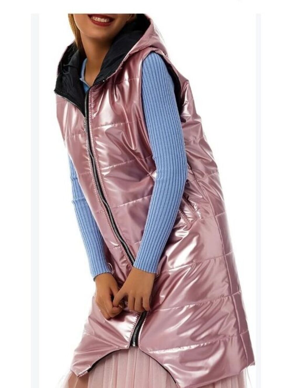 Size XL FASHIO Women's Long Hooded Sleeveless Puffer Vest in Metallic Pink